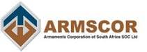 ARMSCOR logo with Armaments Corporation of South Africa SOC Ltd text, featuring a geometric emblem in blue and brown.