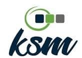 Logo with the text 'ksm' below three squares in blue, green, and gray, encircled by a green curved line.