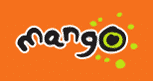 Logo with stylized lowercase text 'Mango' on an orange background. The second 'o' is green with lime green dots around it.