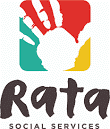 Logo of Rata Social Services featuring a stylized handprint in multicolor blocks above the organization's name in bold, black text.