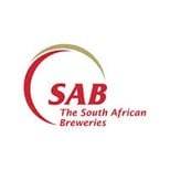 Logo of The South African Breweries (SAB) with red and gold swoosh design and text underneath.