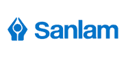 Sanlam logo featuring the word "Sanlam" in blue text next to a blue emblem of a stylized human figure with raised arms.
