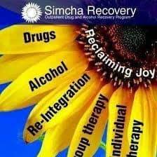 Sunflower with words on petals: Drugs, Alcohol, Re-Integration, Group Therapy, Individual Therapy, and "Simcha Recovery: Reclaiming Joy" text.