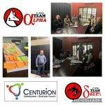 Collage showing Centurion Business Forum meeting, logos of Power Team Alpha and Delta, sticky notes on a table, and attendees in a discussion.