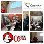 Collage of business meeting with presentations, attendees, and Centurion Business Forum and Power Team Alpha logos.