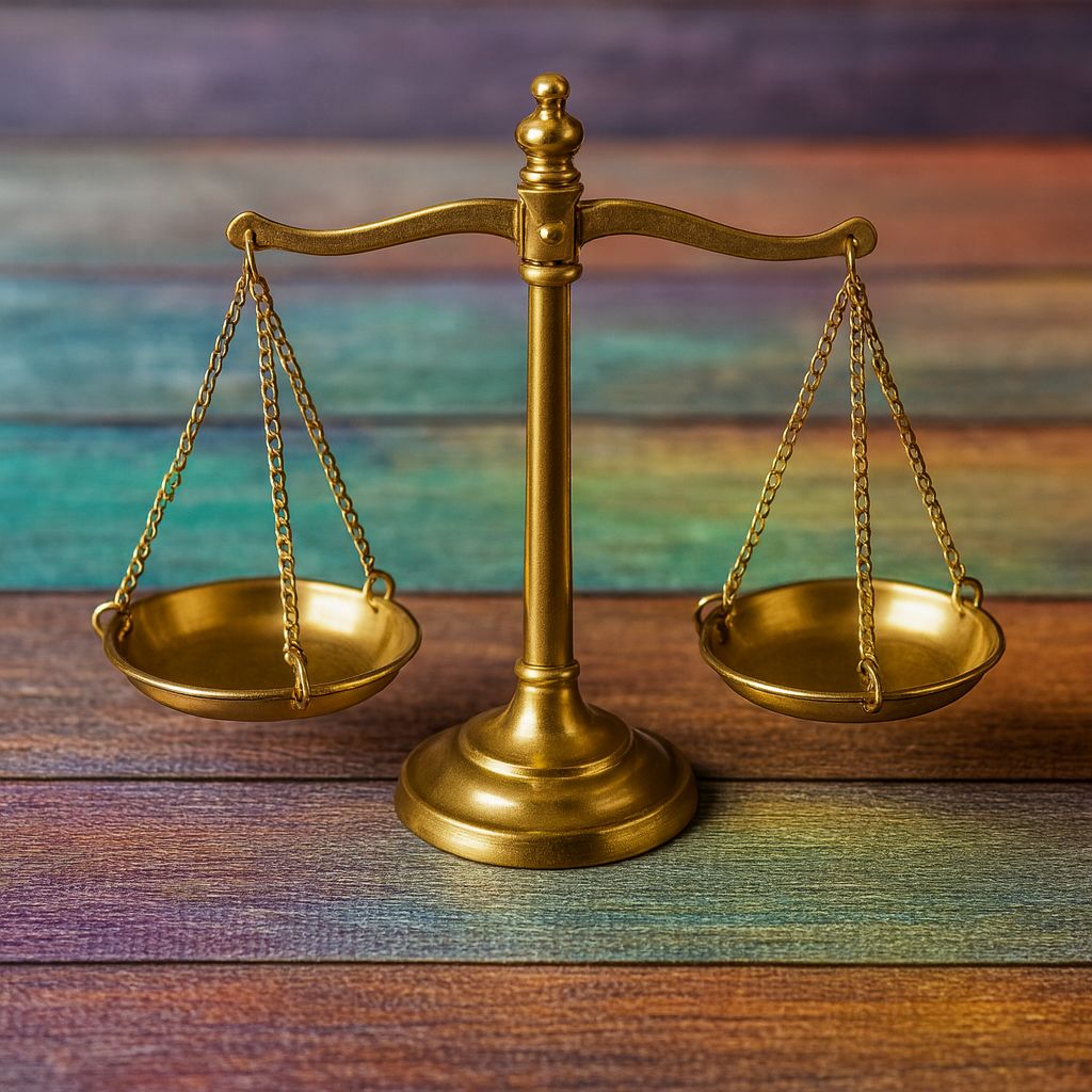 Golden scales symbolize the concept of work-life balance on a colorful wooden background.