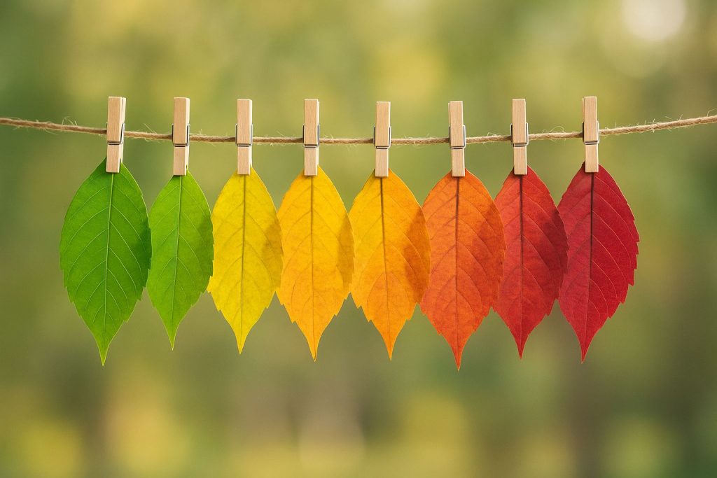 Colorful leaves in various stages of change, symbolizing the process of managing change in nature.