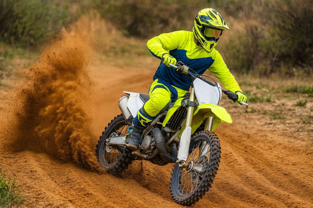 A rider in bright gear skillfully maneuvers an off-road motorcycle, kicking up dust on a dirt track.