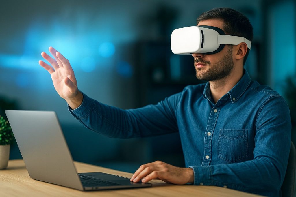 Man wearing a VR headset interacts with a laptop, exploring the digital future in a modern workspace.