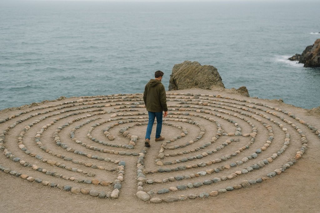 A person walks through a stone labyrinth by the ocean, symbolizing unlocking the value of spiritual moments in training.