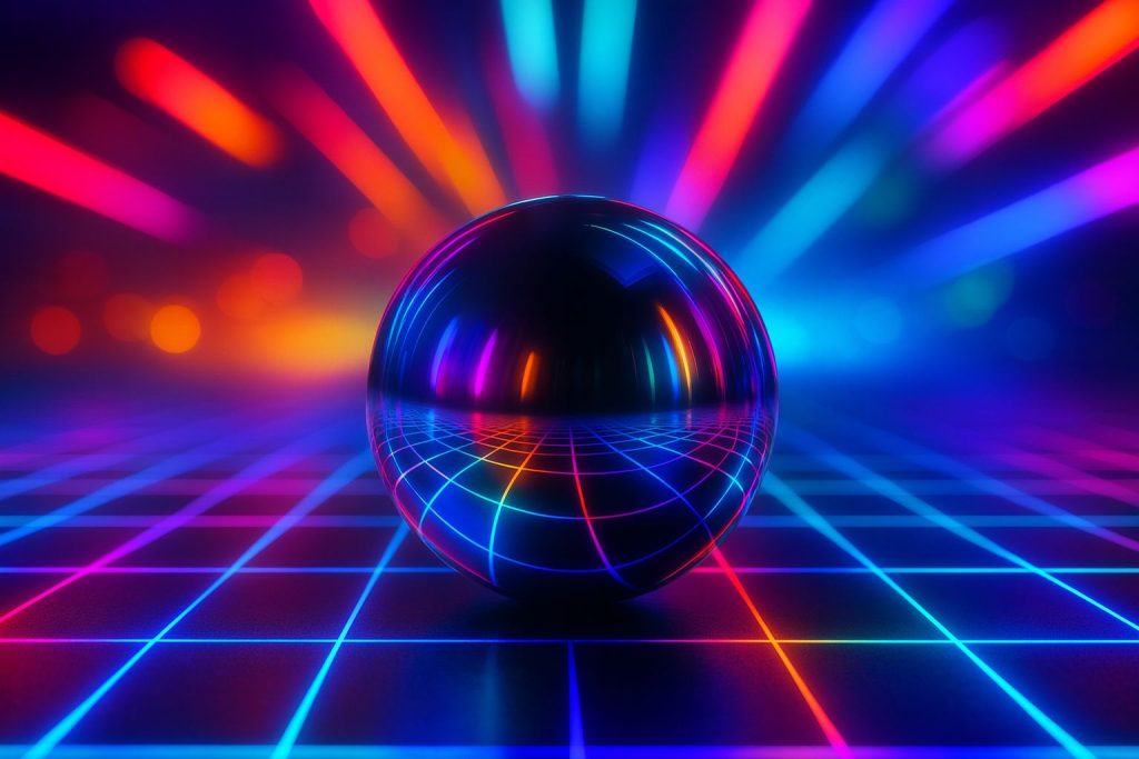 A reflective sphere on a grid, surrounded by vibrant neon lights, symbolizing future business trends and innovation.