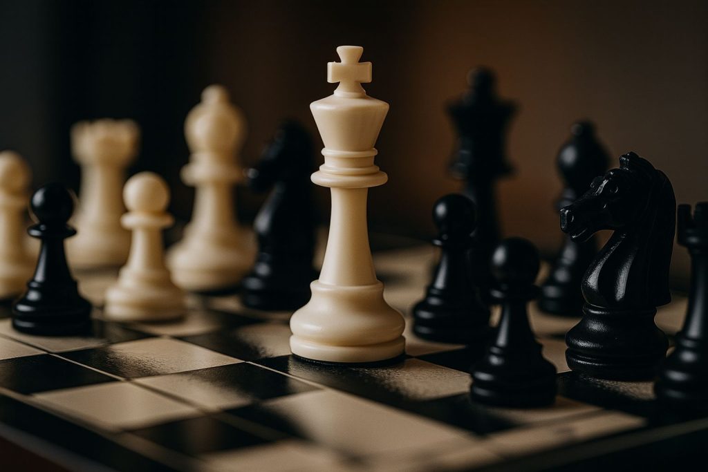 A close-up of a chessboard with a prominent white king, symbolizing strategic planning in SWOT for strategy.