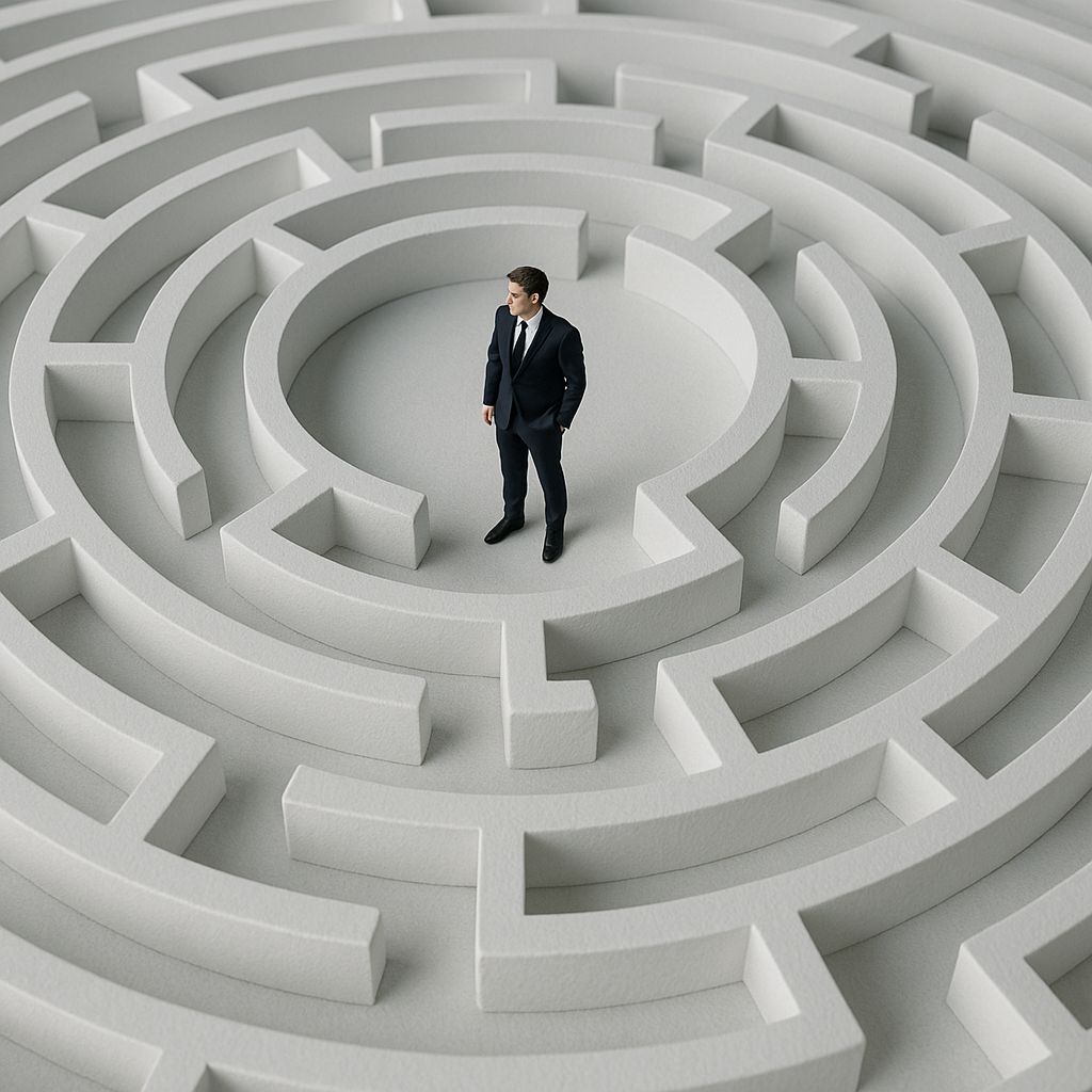 A businessman stands in the center of a complex maze, symbolizing challenges in coaching and consulting.