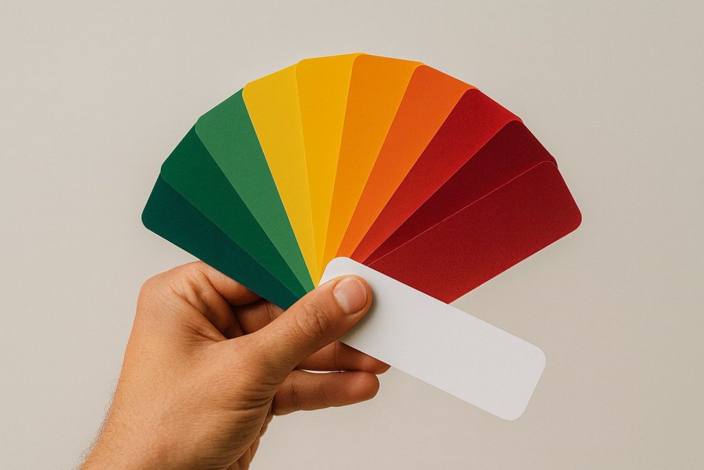 A hand holding a fan of colorful paint swatches, illustrating coaching and consulting differences visually.