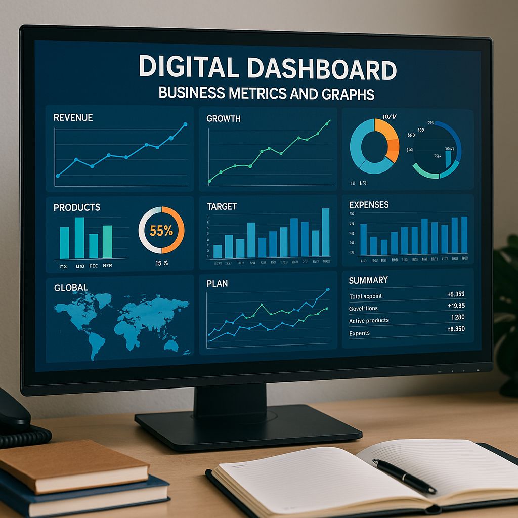 Digital dashboard displaying business planning metrics, including revenue, growth, expenses, and global targets.
