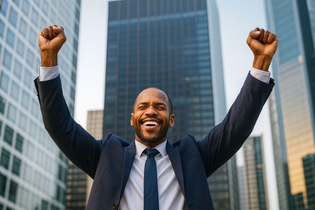 Smiling businessman in a suit raises fists in celebration, symbolizing success in business coaching and funding for growth.