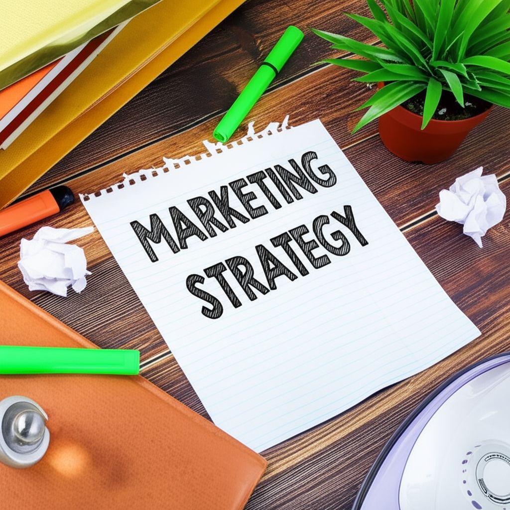 Notepad with "Marketing Strategy" surrounded by office supplies, illustrating marketing strategies every business can afford.