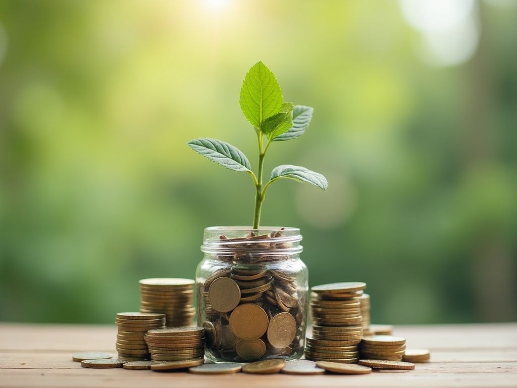 A small plant grows from a jar of coins, symbolizing how to grow your business through investment and nurturing.
