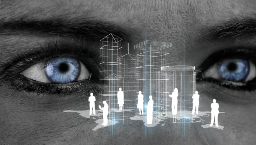 Close-up of blue eyes overlayed with holographic business figures and structures, symbolizing a visionary business outlook.