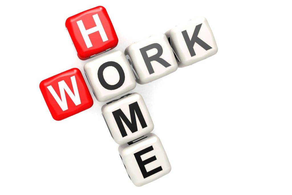 Dice spelling "WORK" in black on white cubes, intersected by "HOME" in white on red cubes, forming a crossword style layout.