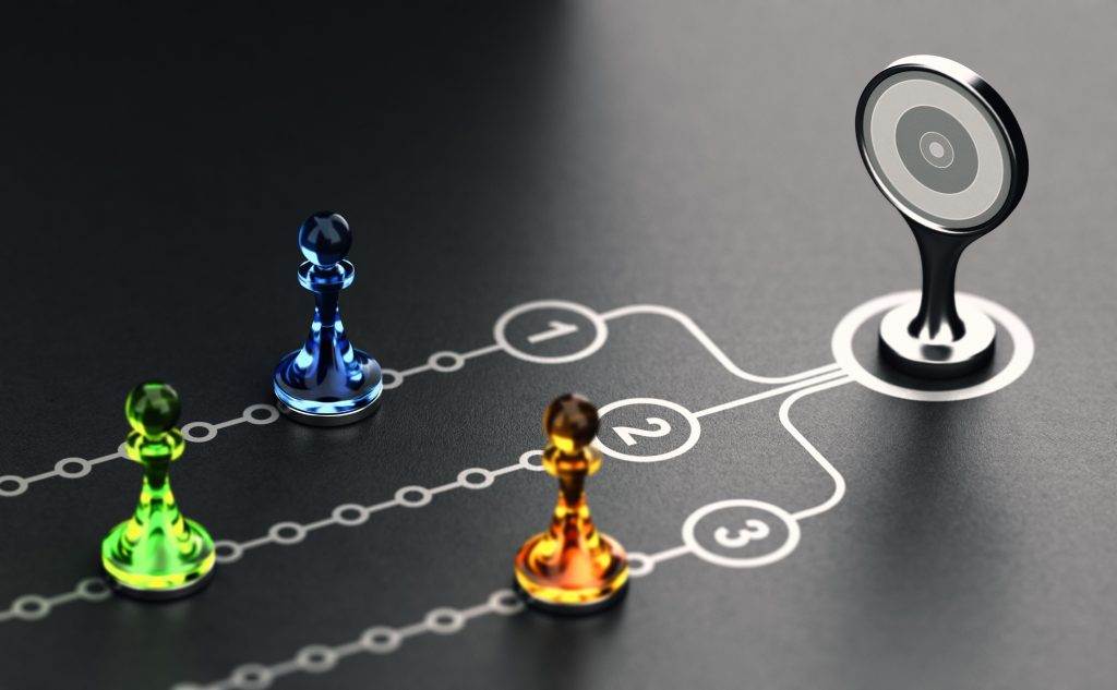 Game pieces and target symbolizing OKR framework for improving performance culture; path numbered 1 to 3 indicating key results.