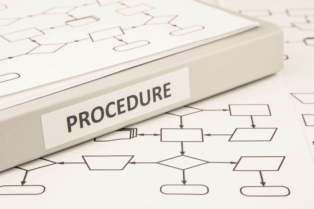 Binder labeled "Procedure" on a desk with flowchart diagrams.