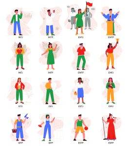 Illustration of 16 Myers-Briggs (MBTI) personality types, each represented by a unique cartoon character with different activities.