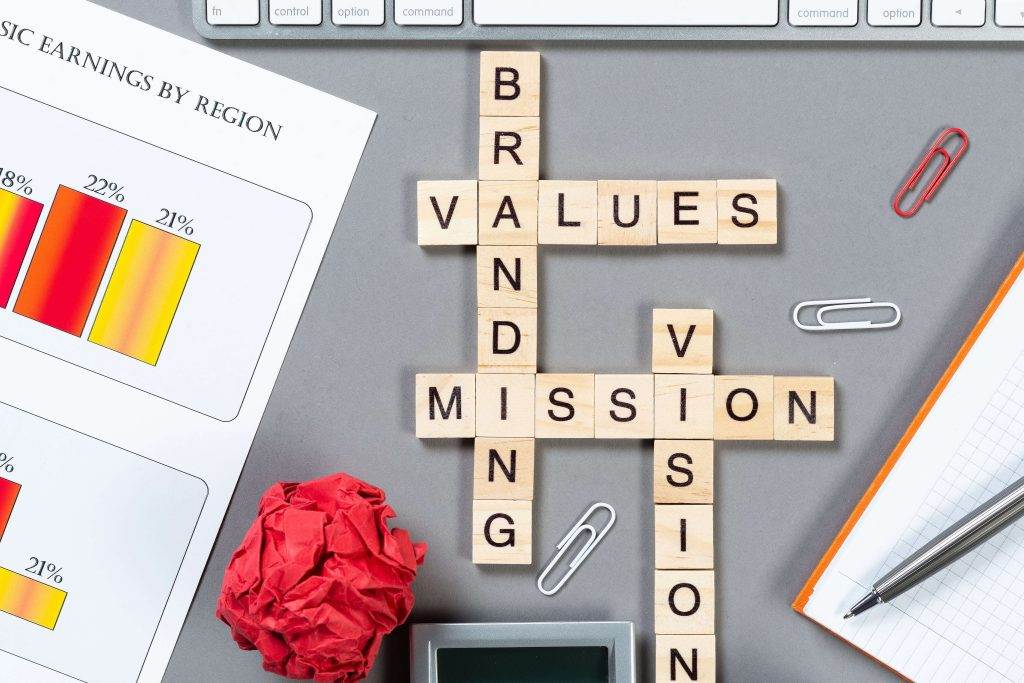 Scrabble tiles spelling branding, mission, values, and vision on a desk, alongside a graph and office supplies, highlighting brand pillars and organizational values.