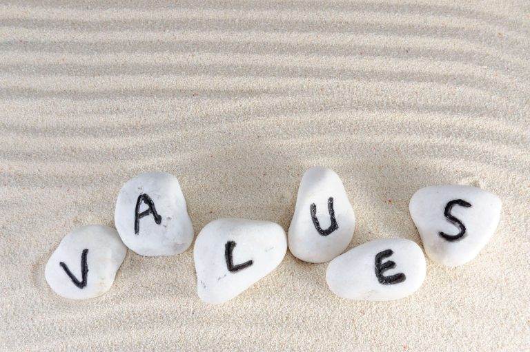 White stones arranged on sand spell out the word "VALUES" in black letters.
