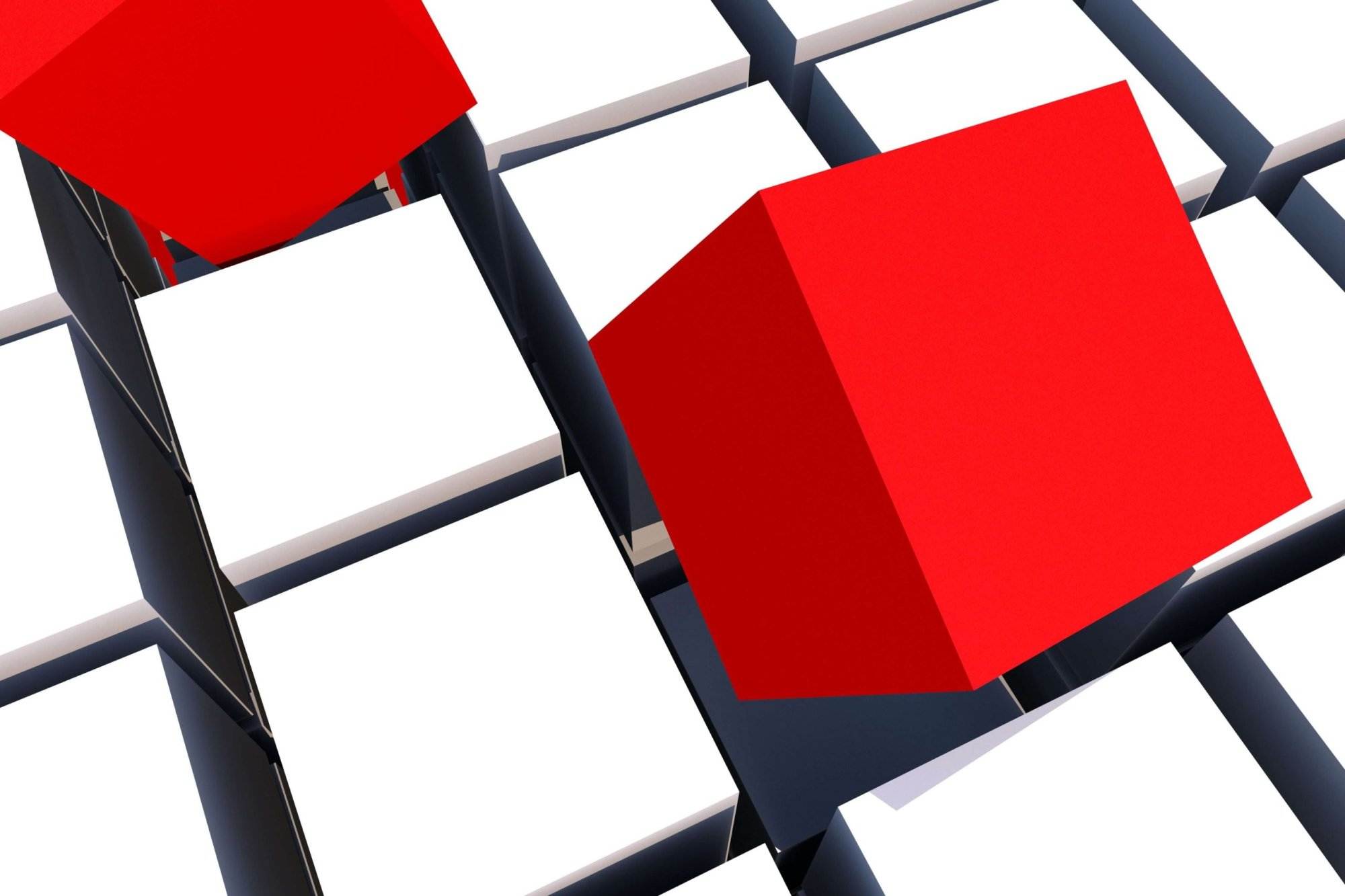 Red and white cubic structures arranged in a geometric pattern with two elevated red cubes.
