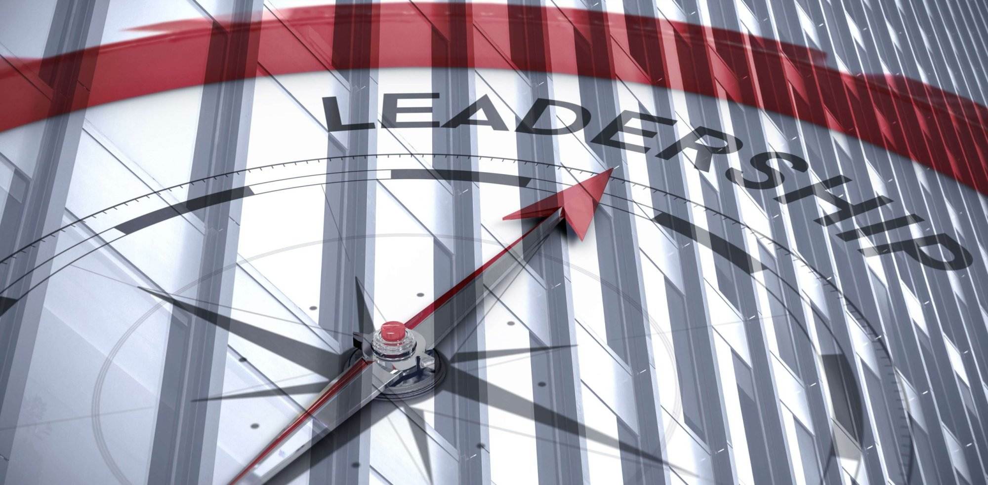 A red arrow compass points to the word "Leadership" overlaid on a background of tall building structures.