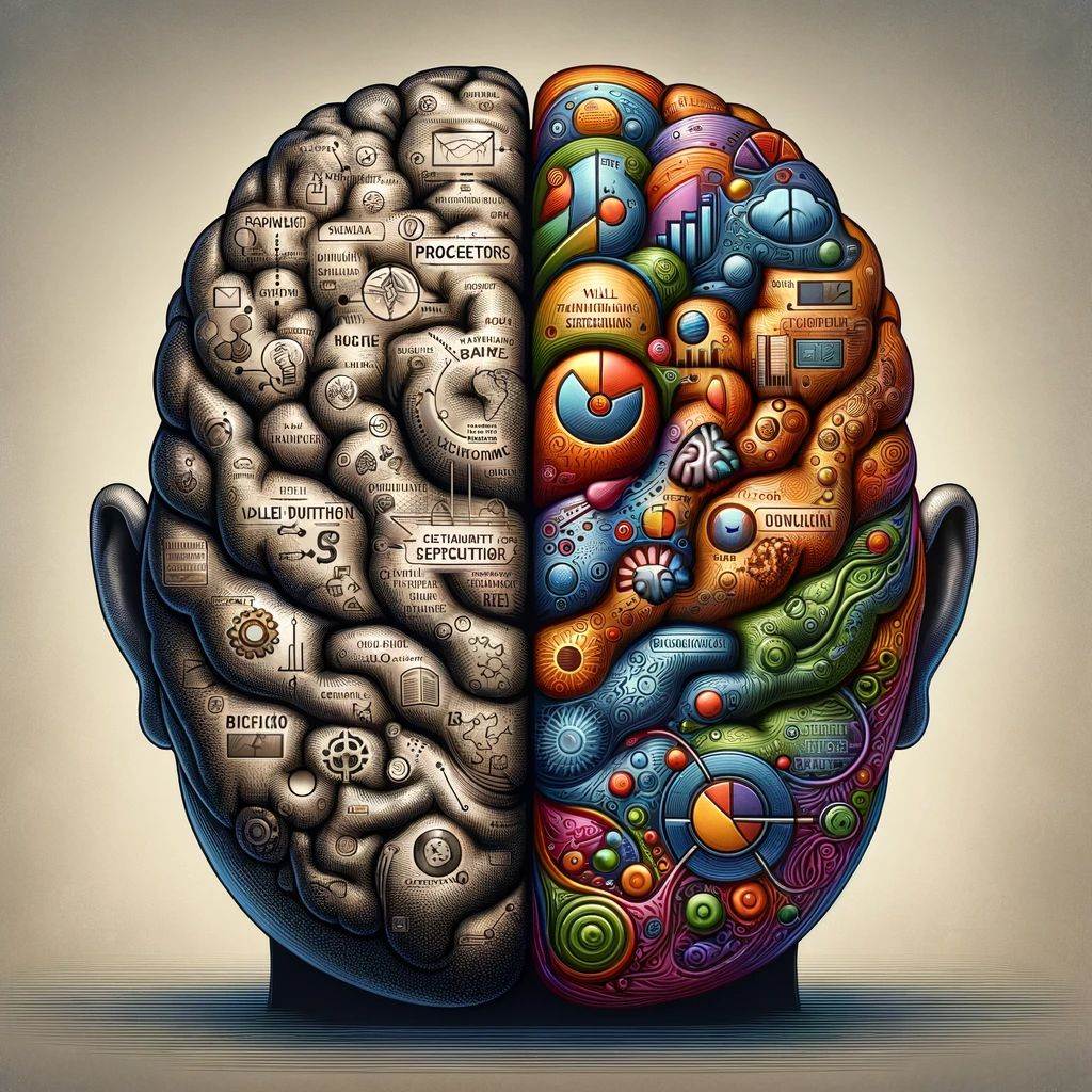 Illustration of a brain divided into two halves, representing the metaphor: business model (left, analytical) vs. business plan (right, creative).