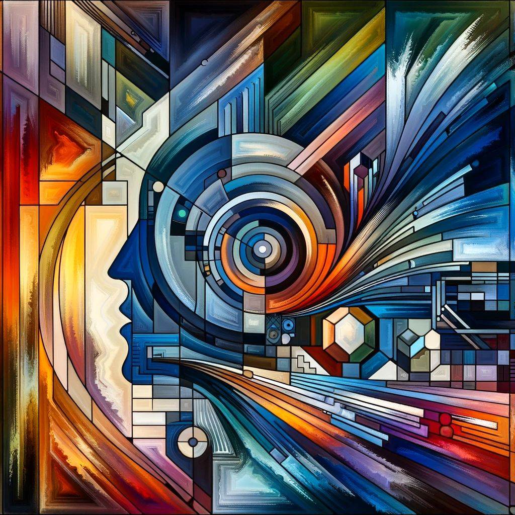 Abstract artwork with geometric shapes, vibrant colors, and a human profile, representing coaching and consulting concepts.