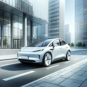 Enneagram 1 - Photo of a sleek white electric car with a minimalist and modern design, parked in a clean urban setting with glass buildings and smooth road