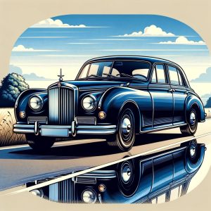 Enneagram 1 classic - Illustration of a classic luxury sedan in a deep navy blue color, impeccably polished and reflecting the surrounding