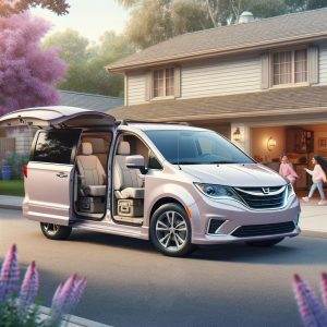 Enneagram 2 - Photo of a cozy minivan in a soft lavender color, parked in a suburban neighborhood