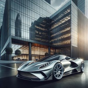 Enneagram 3 - Photo of a high-end sports car in a radiant metallic silver shade, stationed in front of a sleek, modern corporat