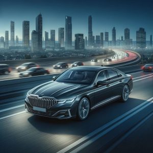 Enneagram 3 classic - Illustration of a luxurious executive sedan in a deep charcoal color, smoothly cruising on a multi-lane highway