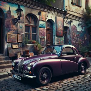 Enneagram 4 - Photo of a vintage coupe in a deep, rich shade of purple, stationed in a bohemian neighborhood