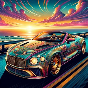 Enneagram 4 classic - Illustration of a custom-designed convertible car with intricate patterns in vibrant colors