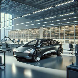 Enneagram 5 - Photo of a modern electric car in a sleek graphite color, with a minimalist and aerodynamic design, parked in a quiet research facility