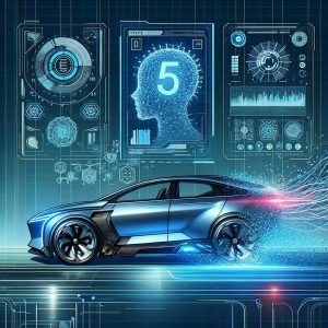 Enneagram 5 classic - Illustration of a futuristic concept car in a metallic blue hue, equipped with advanced technology like holographic displays and automation systems