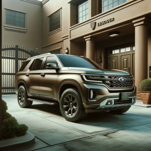 Enneagram 6 - Photo of a sturdy SUV in a muted earthy brown color, equipped with reinforced safety features like robust bumpers and advanced braking system