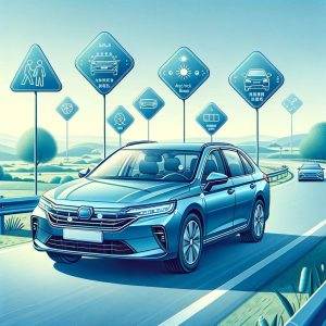 Enneagram 6 classic - Illustration of a reliable family car in a calm shade of blue, designed with advanced safety systems like multiple airbags, anti-lock brakes