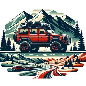 Enneagram 7 - Illustration of a versatile off-road vehicle in a bold red color, equipped for different terrains with rugged tires and roof racks