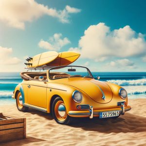 Enneagram 7 classic - Photo of a vibrant convertible car in a bright shade of yellow, with the top down, parked on a sandy beach