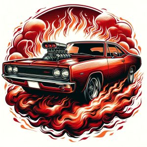 Enneagram 8 classic - Illustration of a classic muscle car with a roaring engine, painted in fiery red