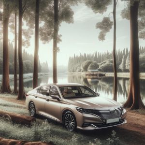 Enneagram 9 - Photo of a comfortable and spacious family sedan in a soft pastel color, stationed in a serene countryside setting