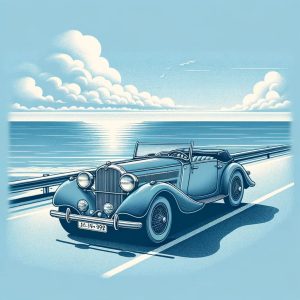 Enneagram 9 classic - Illustration of a vintage convertible car in a gentle blue hue, cruising along a coastal road