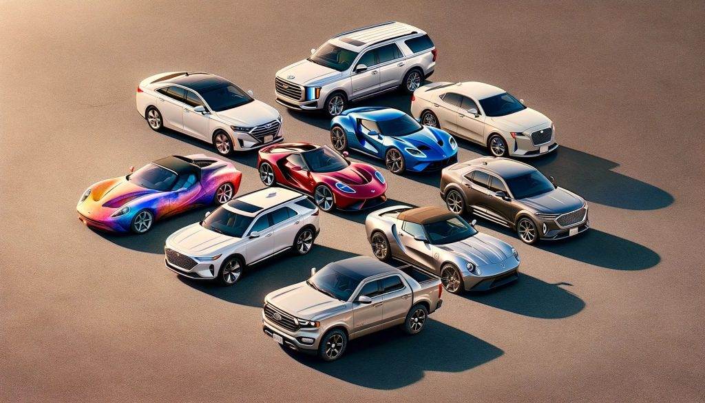 A variety of colorful cars paired to different Enneagram types, showcasing diversity in car preferences and personality traits.